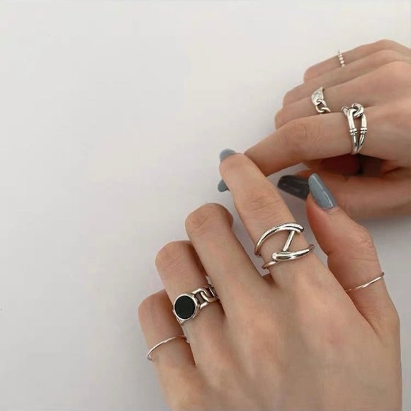 Multi Layered Ring, Black Enamel Ring, Stacking Ring Silver, Silver Ring Duo - Picture 1 of 10